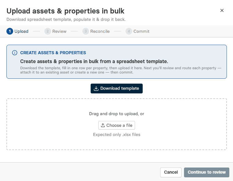 Upload assets and properties in bulk